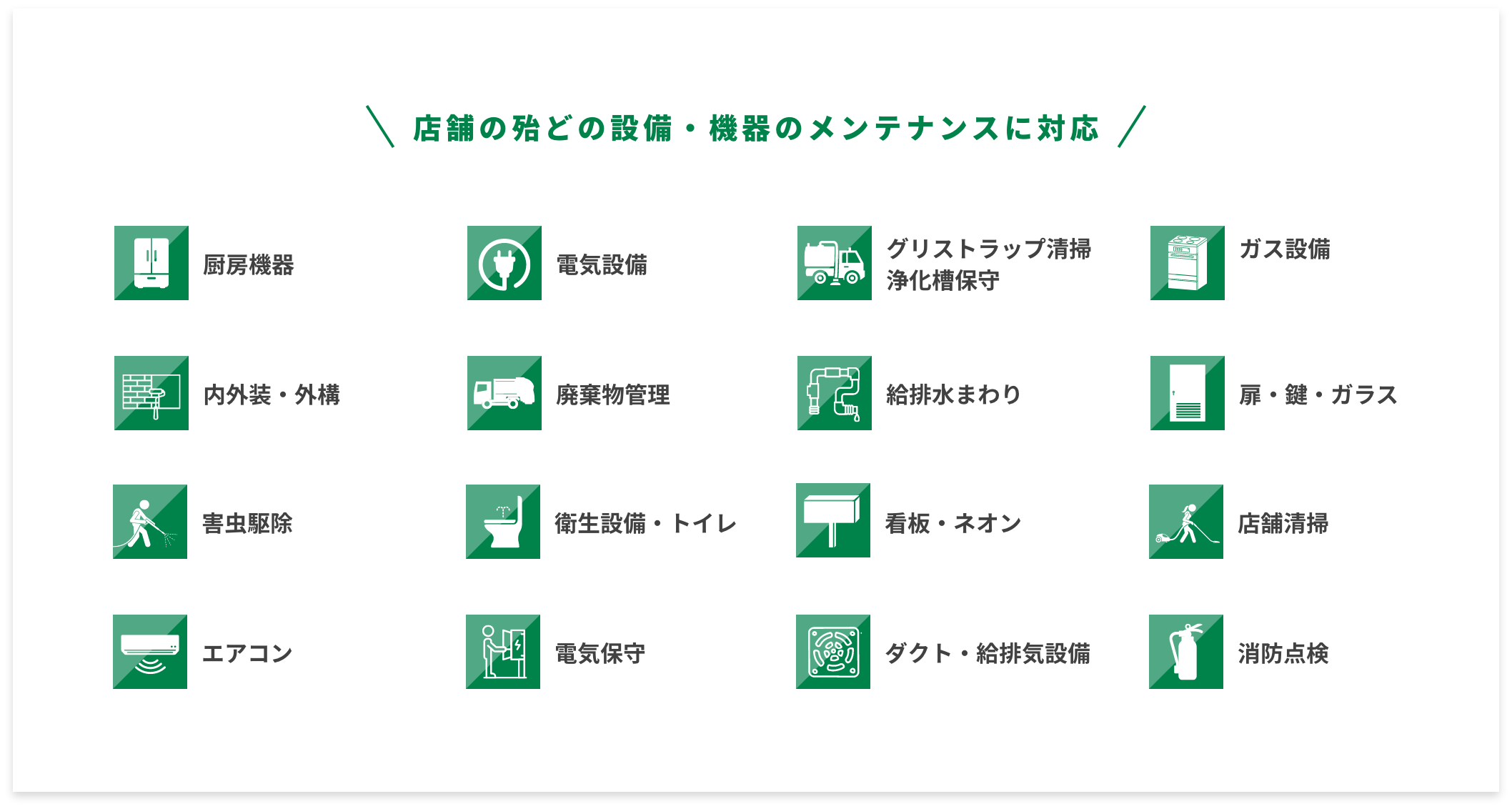 店舗の殆どの設備・機器のメンテナンスに対応